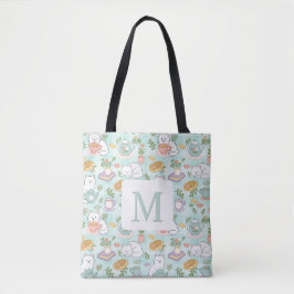 Monogram Tea & Bookish Cats  Tote Bag Mint Green