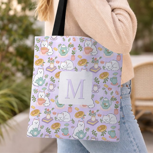Monogram Tea & Bookish Cats Tote Bag Purple (Criador carregado)