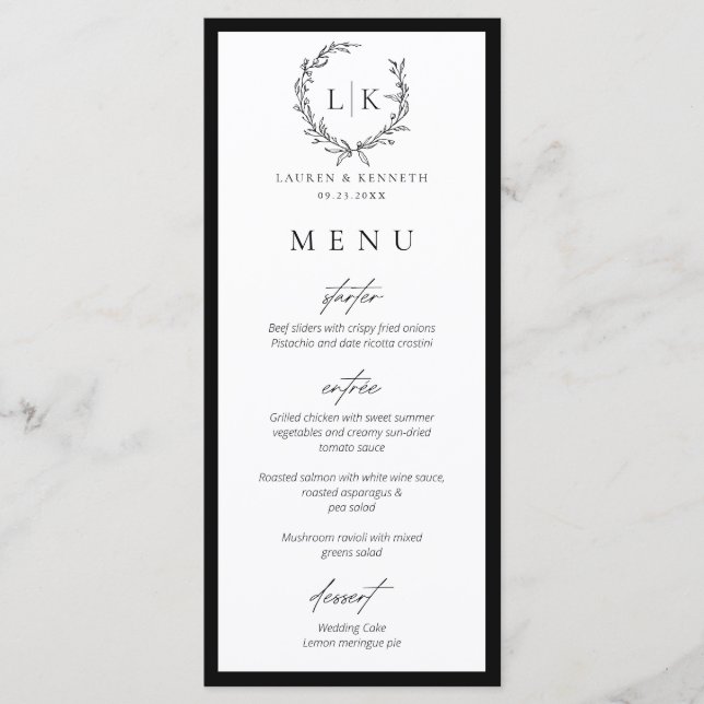 Monogram Wreath Black | White Wedding Menu Card (Frente)