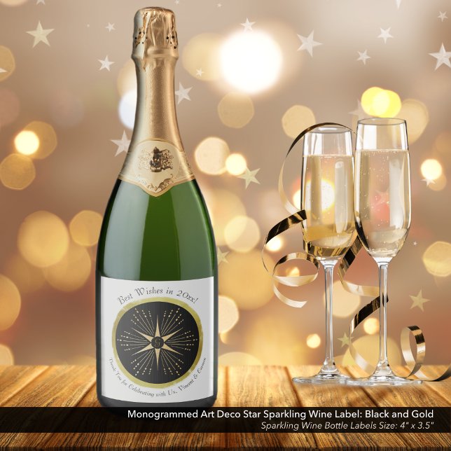 Monograma Art Deco Star Black e Dourado (Monogrammed Art Deco Star Sparkling Wine Label: Black and Faux Metallic Gold Foil.)
