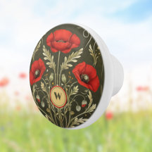 Monograma Art Nouveau Dourado Vermelho Papoulas Vi