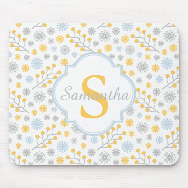 Monograma Azul Amarelo e Cinza Padrão Mousepad (Frente)