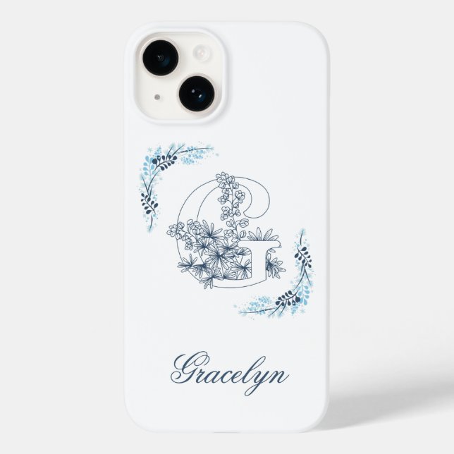 Monograma Azul "G" Inicial Calmo Floral (Verso)