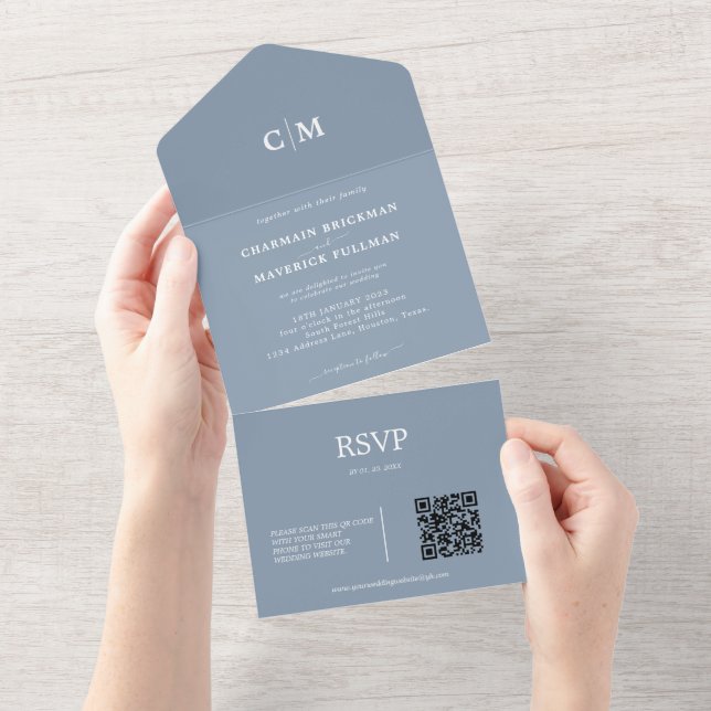 Monograma Azul Moderno Monograma QR código RSVP Ca (Aba destacável)