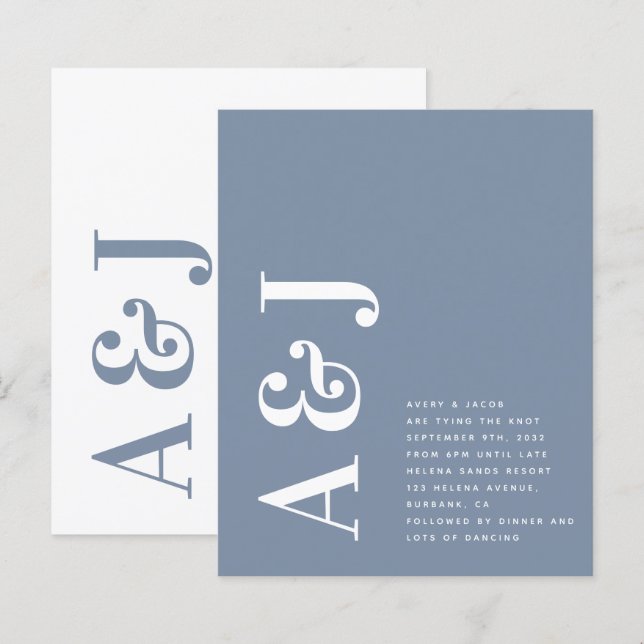 Monograma Azul QR Código Casamento Convite (Frente/Verso)