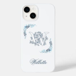 Monograma Azul "W" Inicial Calmo Floral