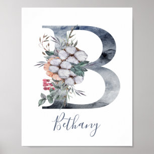 Monograma B de Floral Azul em Aquarela - Poster de