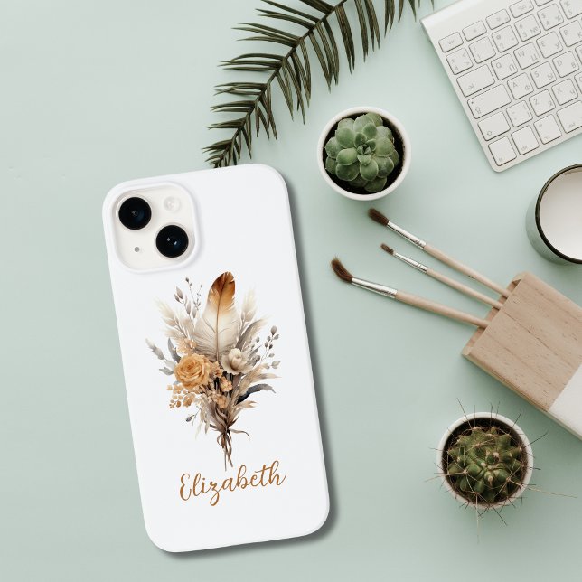 Monograma Boho Floral Marrom Bege Branco Cinza (Browns Grey White Boho Botanical Floral Monogrammed iPhone case)
