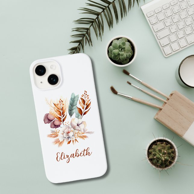 Monograma Boho Floral Terracota Azul Roxo (Terracotta Purple Blue Boho Floral Botanical Monogrammed iPhone Case)