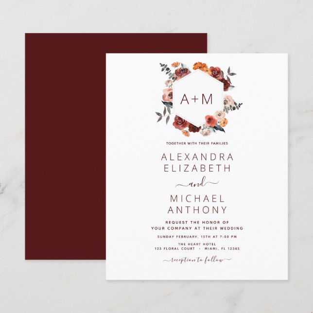 Monograma Burgundy Floral Greenery Casamento (Frente/Verso)