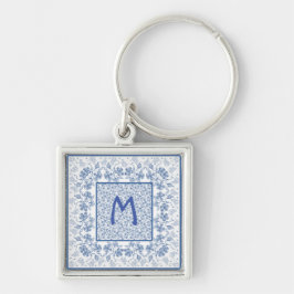 Monograma Chaveiro de Borda Floral Azul de Indigo