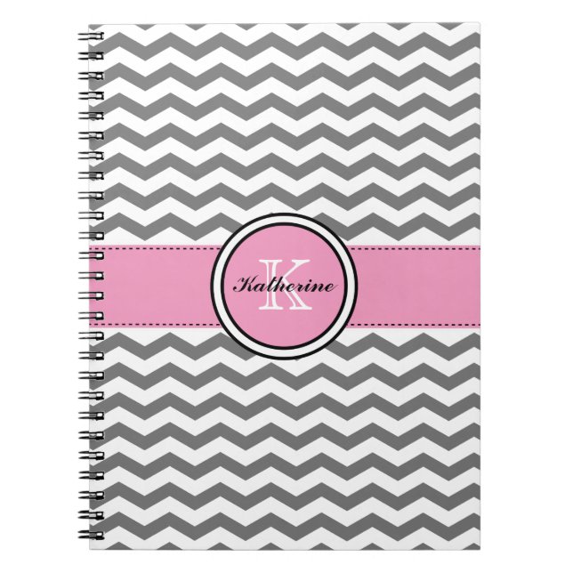 Monograma Chevron cinzento e caderno espiral (Frente)