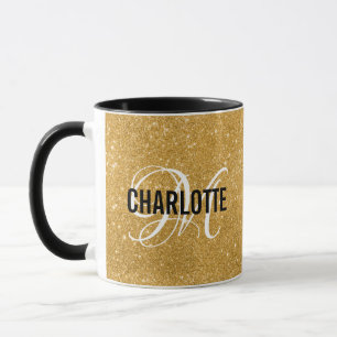 Monograma com brilho dourado chic nome caneca