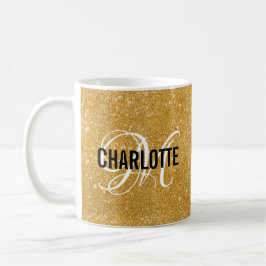 Monograma com brilho dourado chic nome caneca