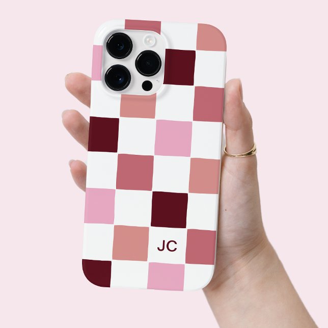 Monograma com padrão simples, cor-de-rosa, moderno (Monogram Checkered Pink Modern Simple Pattern Case-Mate iPhone Case)