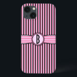 Monograma com risca retrorativa preto-rosa<br><div class="desc">Este design de 50 giro, giro, ligeiramente retrorativo mostra cor-de-rosa, rosas claro e listras pretas e um espaço que você pode personalizar/personalizar. Basta adicionar seu próprio monograma / inicial no campo "Personalizar". A fonte quadrada dá ao monograma um olhar antigo e moderno. Este é um padrão brilhante, colorido, bonito, de...</div>