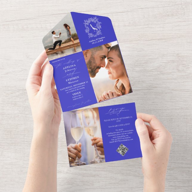 Monograma Crest 3 Foto Código QR Casamento Azul Re (Aba destacável)