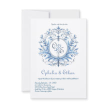 Monograma Crest Rococo Azul Convite para casamento