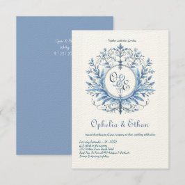 Monograma Crest Rococo Azul Convite para casamento