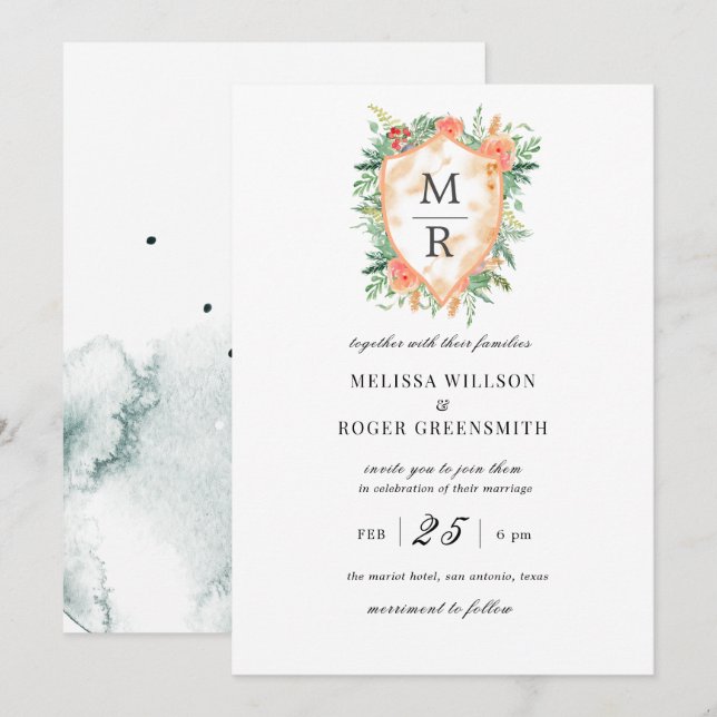 monograma da crista rustica Convite de Casamento (Frente/Verso)