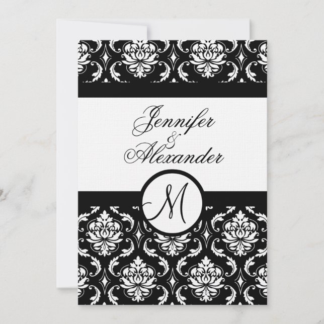 Monograma Damask Convite Linen Paper (Frente)
