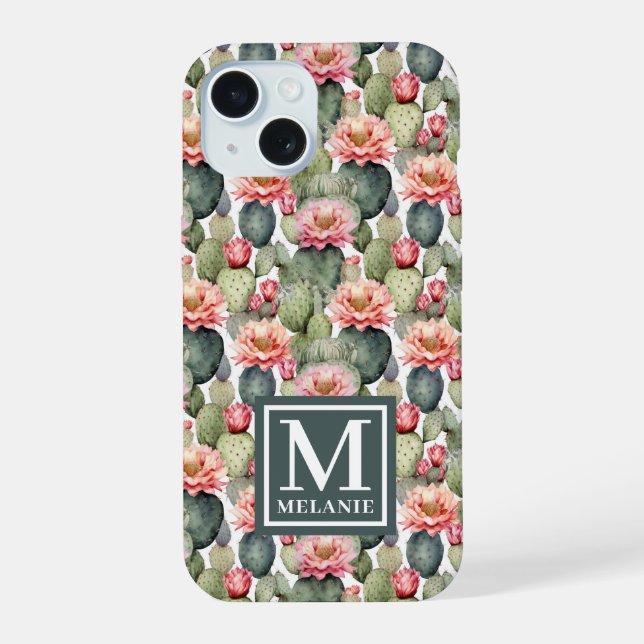 Monograma das flores cor-de-rosa com padrão Cactus (Verso)