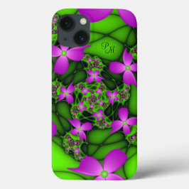 Monograma das Flores Fractais Verdes, Rosa Neon Mo