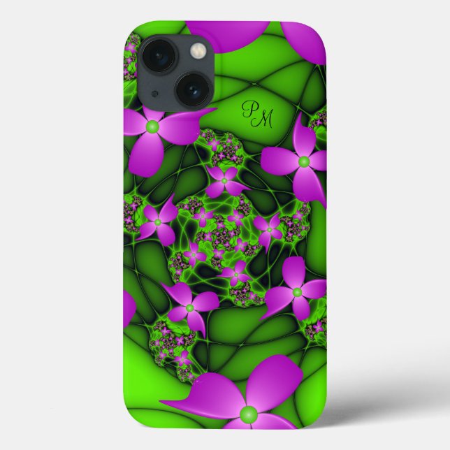 Monograma das Flores Fractais Verdes, Rosa Neon Mo (Verso)