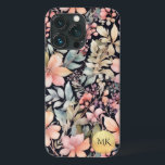 Monograma de Aquarela Floral a Preto Dourado Elega<br><div class="desc">Eleve o estilo do seu telefone com a nossa Capa de telefone Dourada Elegante de Monograma de Cor Floral a Preta. Este requintado design apresenta flores silvestres, bagas e samambaias delicadas em tons de bege, pêssego, rosa, vermelho e verde verde-rosa sobre fundo escuro/preto. É o acessório perfeito para o indivíduo...</div>