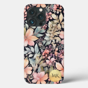 Monograma de Aquarela Floral a Preto Dourado Elega