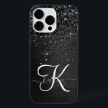 Monograma de brilho preto personalizado<br><div class="desc">Personalize facilmente esta elegante design de capa de telefone de de tendências com brilho cinza preto bonito num fundo metálico escovado preto.</div>