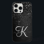 Monograma de brilho preto personalizado<br><div class="desc">Personalize facilmente esta elegante design de capa de telefone de de tendências com brilho cinza preto bonito num fundo metálico escovado preto.</div>