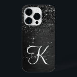 Monograma de brilho preto personalizado<br><div class="desc">Personalize facilmente esta elegante design de capa de telefone de de tendências com brilho cinza preto bonito num fundo metálico escovado preto.</div>