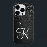Monograma de brilho preto personalizado<br><div class="desc">Personalize facilmente esta elegante design de capa de telefone de de tendências com brilho cinza preto bonito num fundo metálico escovado preto.</div>