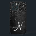 Monograma de brilho preto personalizado<br><div class="desc">Personalize facilmente esta elegante design de capa de telefone de de tendências com brilho cinza preto bonito num fundo metálico escovado preto.</div>