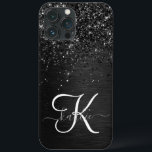 Monograma de brilho preto personalizado<br><div class="desc">Personalize facilmente esta elegante design de capa de telefone de de tendências com brilho cinza preto bonito num fundo metálico escovado preto.</div>