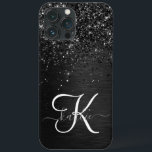 Monograma de brilho preto personalizado<br><div class="desc">Personalize facilmente esta elegante design de capa de telefone de de tendências com brilho cinza preto bonito num fundo metálico escovado preto.</div>
