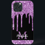 Monograma de Brilho Roxo Moderno<br><div class="desc">Uma brilhante, moderna, brilhante brilho púrpura púrpura goteja nome personalizado e capas de iphone monograma. Este design apresenta púrpura de ameixa clara ou púrpura orquídea cor púrpura púrpura púrpura gotas em fundo preto com modelo de texto de primeiro nome e monograma personalizado personalizado. Um presente feminino perfeito para mulheres e...</div>