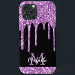 Monograma de Brilho Roxo Moderno<br><div class="desc">Uma brilhante, moderna, brilhante brilho púrpura púrpura goteja nome personalizado e capas de iphone monograma. Este design apresenta púrpura de ameixa clara ou púrpura orquídea cor púrpura púrpura púrpura gotas em fundo preto com modelo de texto de primeiro nome e monograma personalizado personalizado. Um presente feminino perfeito para mulheres e...</div>