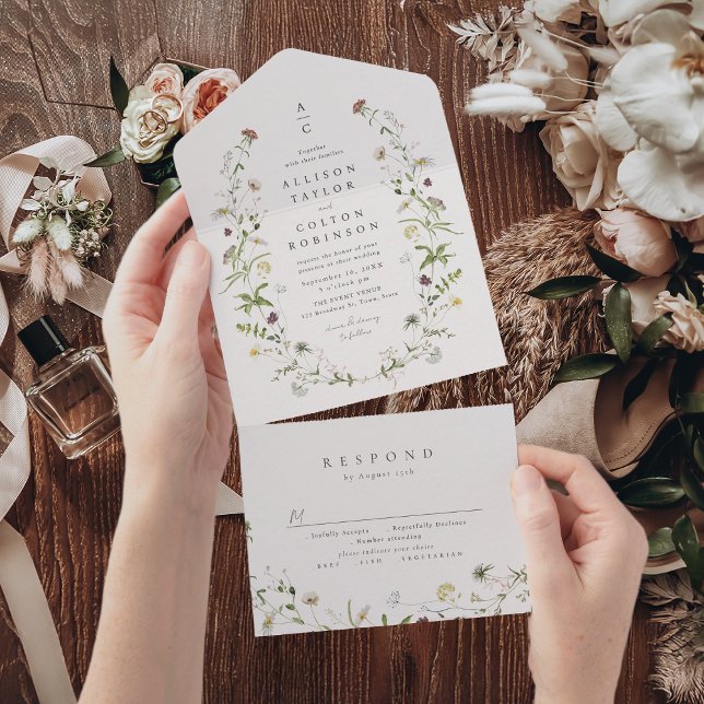 Monograma de Casamento de Boho Russo de Flor Selva (Elegant Wildflower Rustic Boho Wedding monogram All In One Invitation)