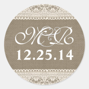 monograma de casamento e adesivos de renda burlap
