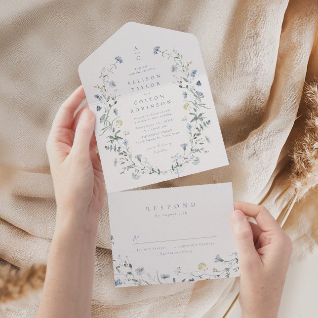 Monograma de casamento rústico boho de flor silves (Dusty Blue Wildflower Rustic Boho Wedding monogram All In One Invitation)