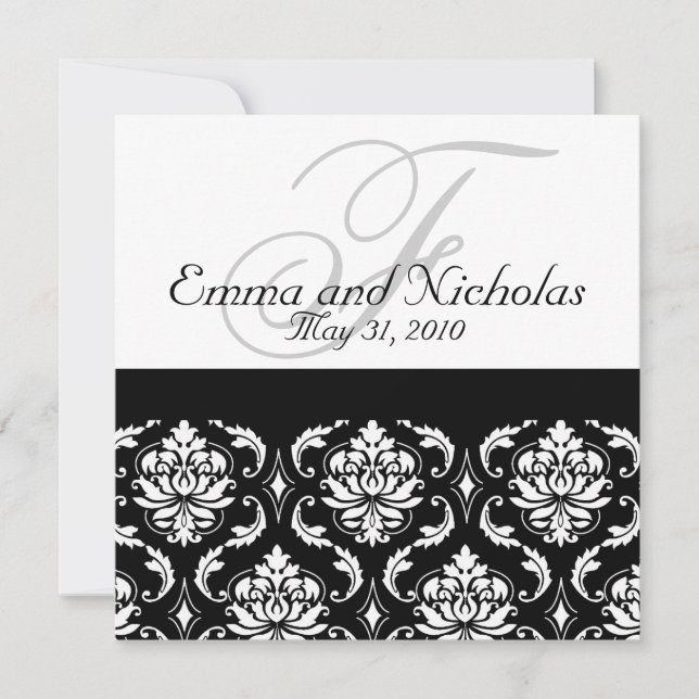 Monograma de Convite para Casamento Damask Black & (Frente)