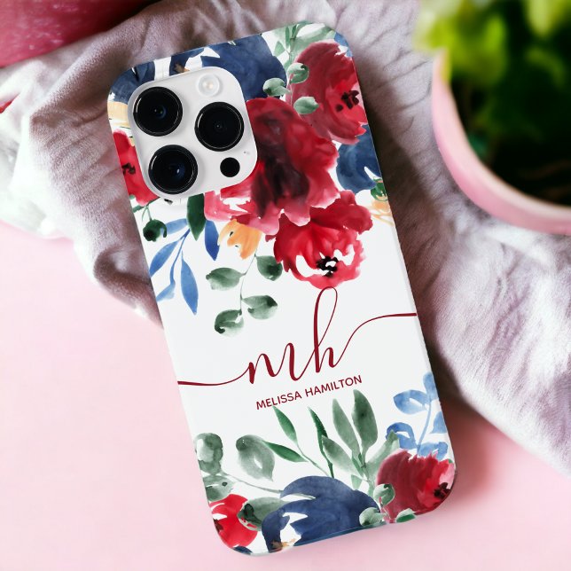 Monograma de cor-de-água floral azul-russa elegant (Rustic red blue elegant floral watercolor monogram Case-Mate iPhone case)