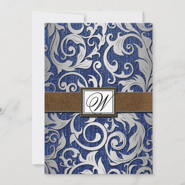 Monograma de couro Denim Convites de Casamento Oci (Frente)
