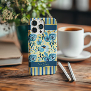 Monograma de Dourada Floral Azul Elegante