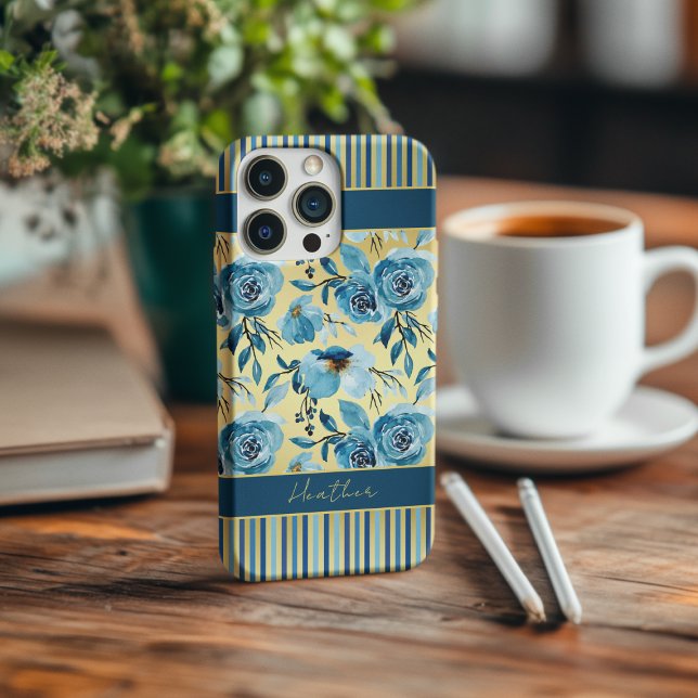 Monograma de Dourada Floral Azul Elegante (Criador carregado)