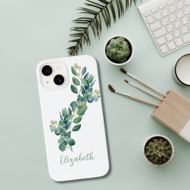 Monograma de Eucalipto Verde Botânico  (Eucalyptus Greenery Botanical Monogrammed iPhone Case)