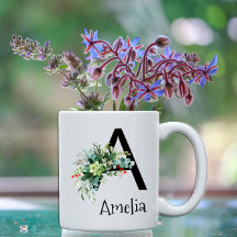 Monograma de flor de aquarela caneca de café de re