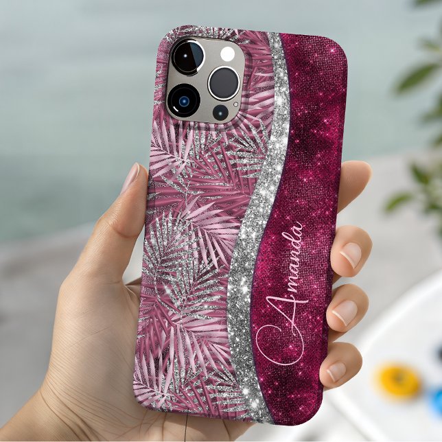 Monograma de folhas com brilho rosa fúcsia chic  (Criador carregado)